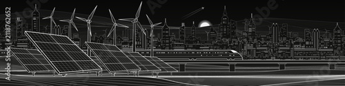 Modern line art illustration of a smart city with solar panels, wind turbines and high-speed rail. Sustainable energy, clean infrastructure and future urban technology concept.