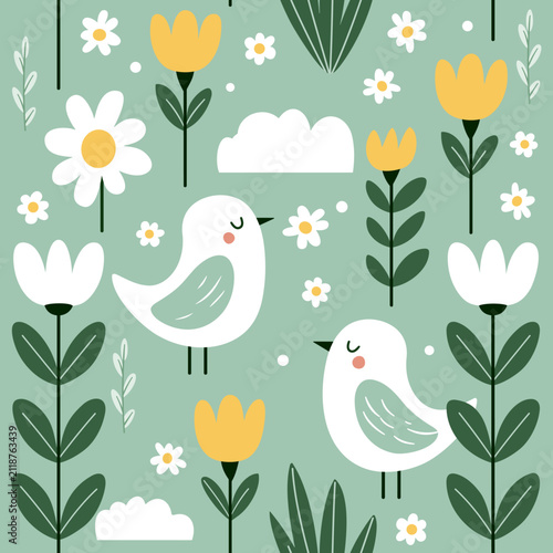 Scandinavian Spring Birds and Tulips Seamless Vector Pattern in Sage Green