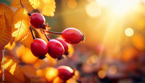 Red Rose Hip Berries Among Golden Autumn Leaves With Warm Sunlight And Soft Bokeh