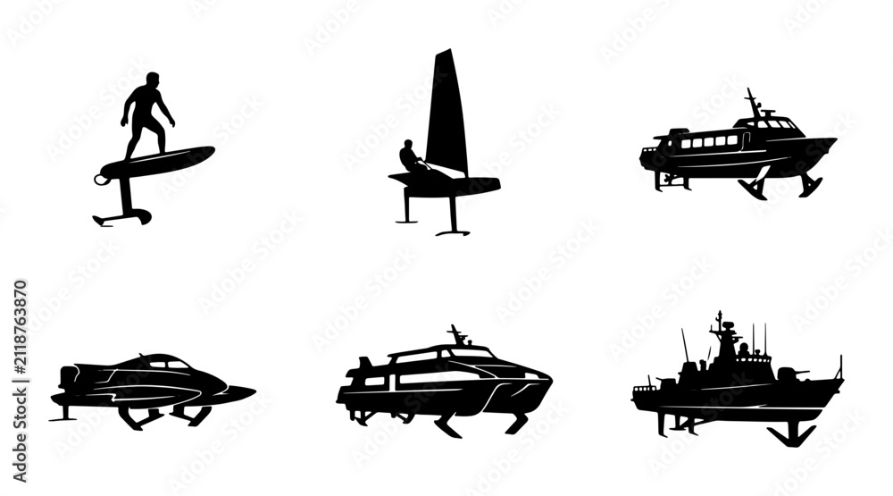 Obraz premium Modern Hydrofoil Watercraft Silhouettes, Set of 6 Futuristic Marine Vessels, Dynamic Water Sports and Transportation Icons
