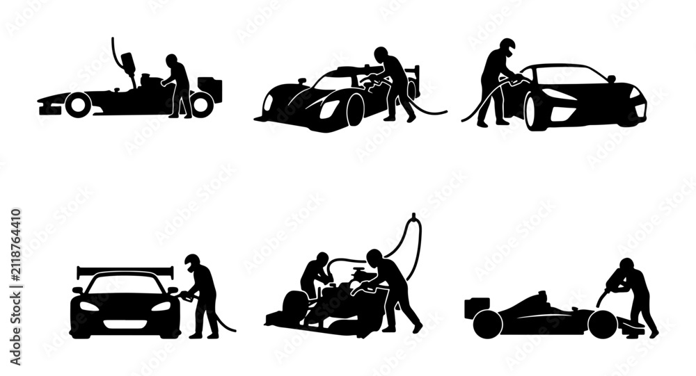 Fototapeta premium Formula 1 Pit Stop Icons, Racing Car Service Silhouettes, Motorsport Teamwork Graphics, Speed Vehicle Maintenance Vector Set