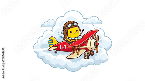Cute Bee Pilot Flying Biplane in Clouds