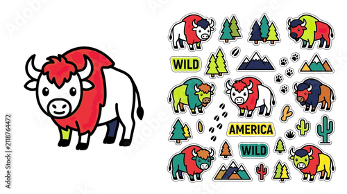 Cute Bison Stickers Set, Wild Nature Elements