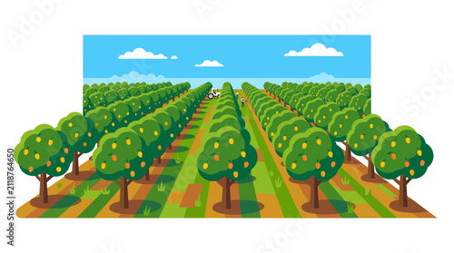 Flat Vector Illustration of a Lush Fruit Orchard Plantation