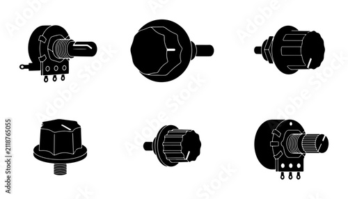 фотографія Set of Six Black Potentiometer Knobs, Electronic Component Icons, Variable Resis