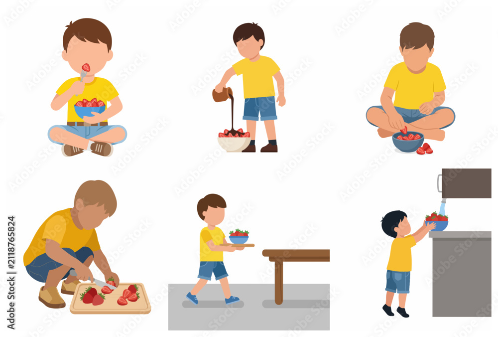Fototapeta premium Set of flat vector illustrations of a little boy character washing, cutting, and eating fresh strawberries