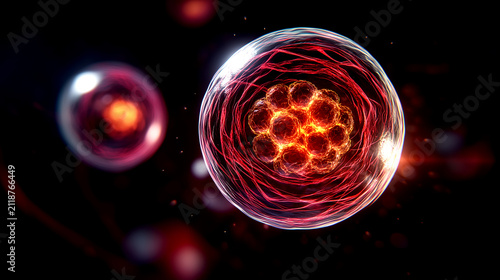 Microscopic view of a glowing cell with a nucleus