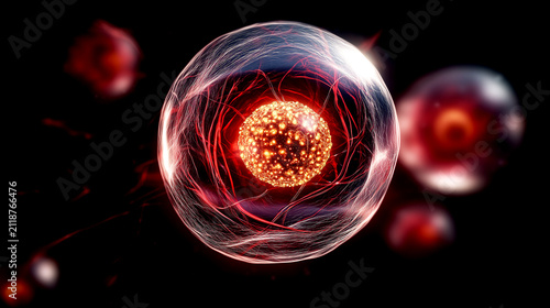 Microscopic view of a glowing cell with a nucleus