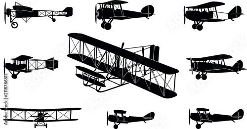 Foto Vintage Antique Biplane Airplane Silhouette Icon Set Featuring Classic Wright Br