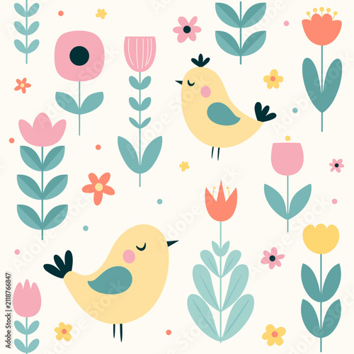 Cute Scandinavian Birds and Tulip Flowers Seamless Spring Vector Pattern
