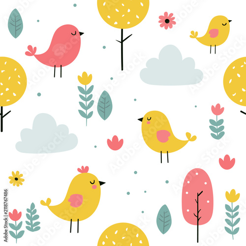 Cute Scandinavian Spring Birds and Trees Seamless Vector Pattern