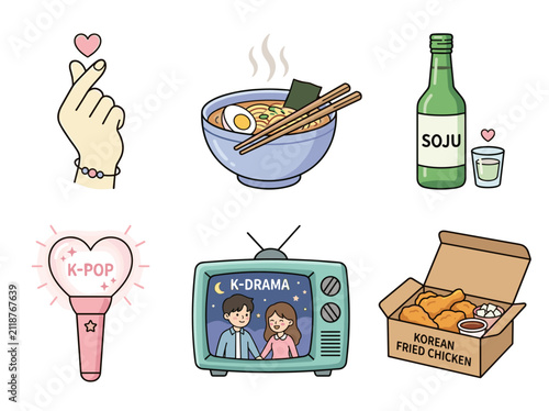 Korean drama and k-pop flat vector icons, finger heart, ramen, soju, fried chicken, k-culture clipart