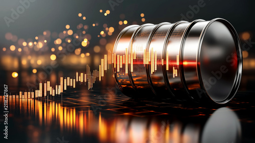 Oil barrel with financial trading charts and market graphs