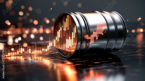 Oil barrel with financial trading charts and market graphs