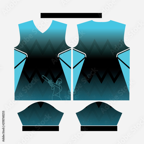Abstract Cyan Blue and Black Cricket Sports Jersey Template with Batsman Line Art Illustration and Zigzag Chevron Gradient for Sublimation Apparel Printing Vector Illustration