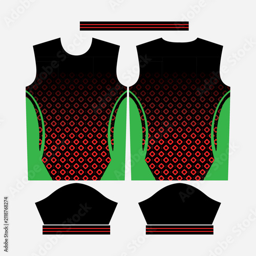 Abstract Black and Red Sports Jersey Template with Geometric Diamond Halftone Pattern and Green Side Panels for Sublimation Apparel Printing Vector Illustration