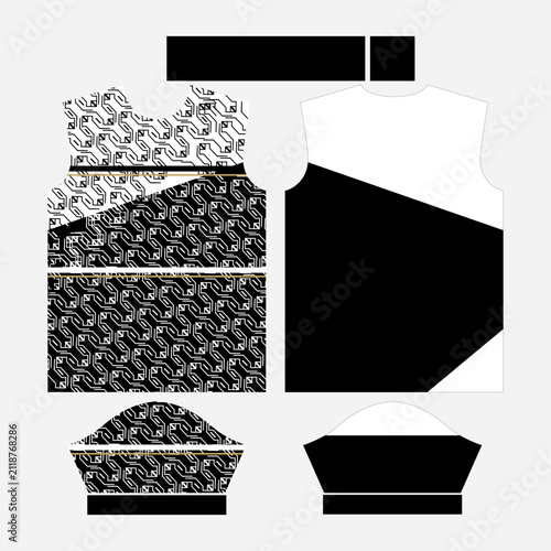Abstract Black and White Sports Jersey Template with Cybernetic Maze Geometric Pattern and Diagonal Color Block for Sublimation Apparel Printing Vector Illustration