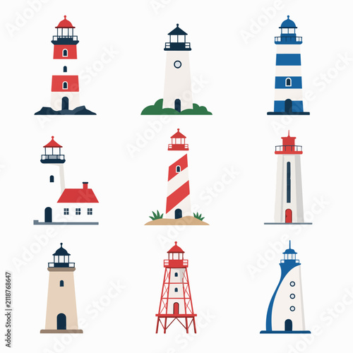 A collection of flat vector lighthouse illustrations in various designs and colors.