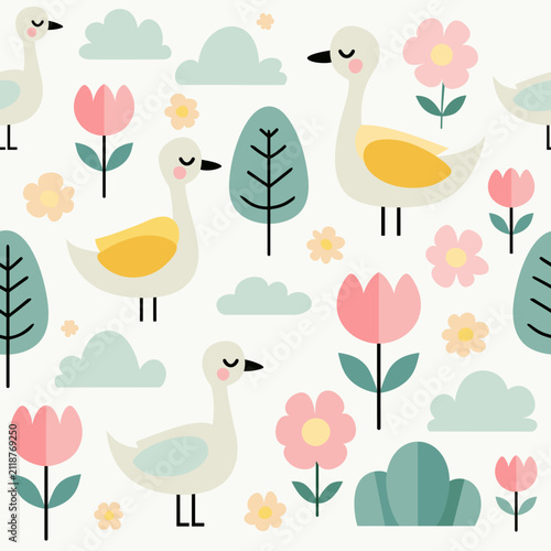 Scandinavian Swan Birds and Tulip Flowers Seamless Spring Vector Pattern