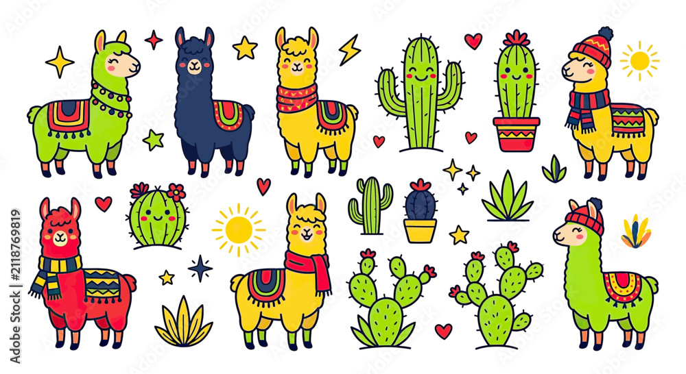 Obraz premium Cute Llamas and Cacti Cartoon Illustration