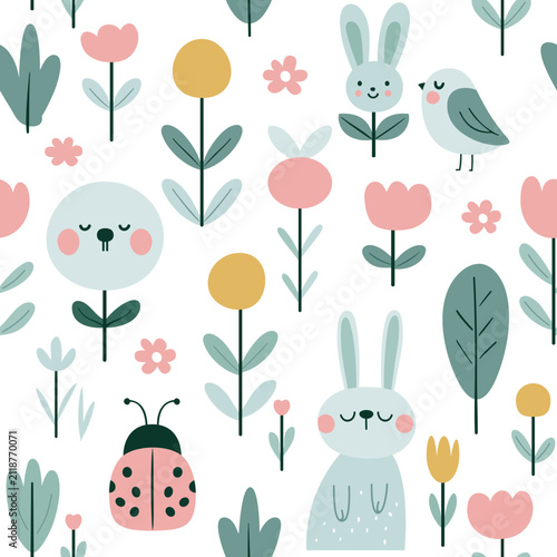 Scandinavian Woodland Animals Seamless Spring Vector Pattern with Bunny Bird and Ladybug