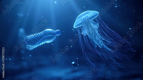 Plastic Waste Drifting Through Ocean Water with Jellyfish Environmental Pollution Concept