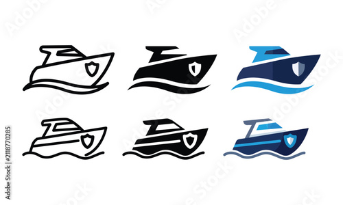 Boat Icon Set – Outline, Solid, and Blue Vector Collection Representing Yacht, Ship, and Marine Transportation Design