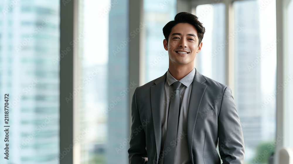 Fototapeta premium A confident businessman stands in a modern office, embodying professionalism and success against an urban backdrop.