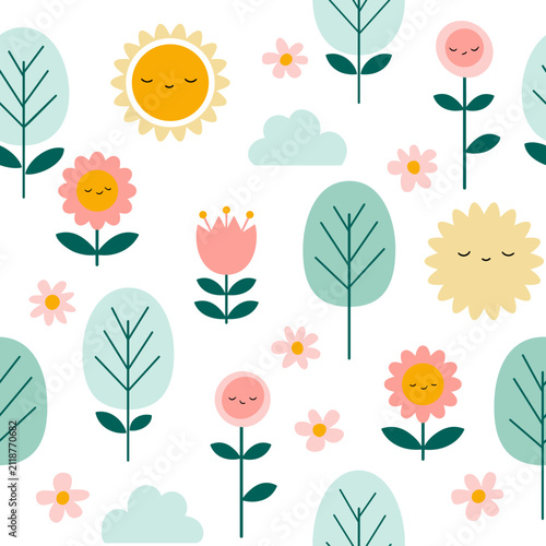 Scandinavian Spring Sunshine Seamless Vector Pattern with Cute Flowers and Trees