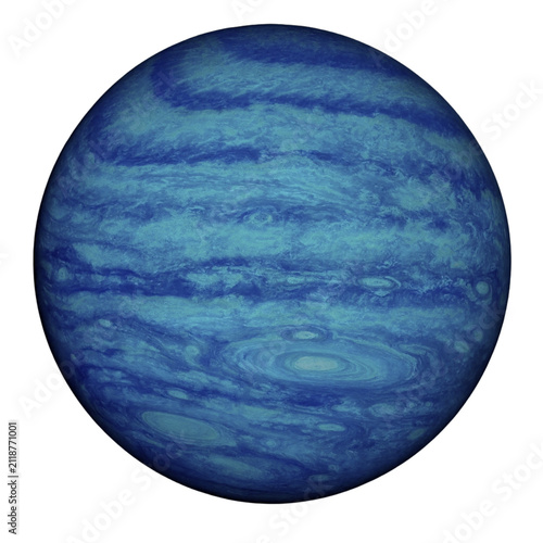 Blue gas giant planet depicted with swirling bands and storms on a white background. Illustration shows textured atmospheric bands and circular storm formations, with copy space around the sphere.