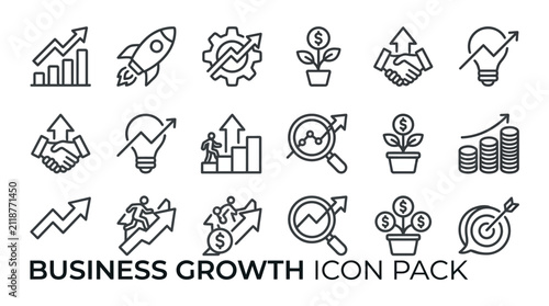 Set of business growth line icons featuring startup rockets, financial success graphs, and investment plant symbols