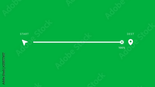 Minimal travel route progress tracker on green screen background showing flight journey with