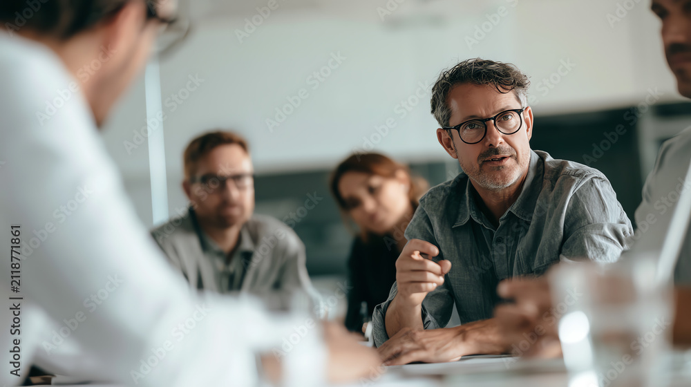 Obraz premium A diverse group of professionals engaged in a dynamic meeting, sharing ideas and strategies in a bright, modern office setting.