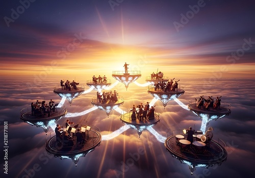Fantasy orchestra performing on floating islands in clouds during a dramatic sunset epic music concept