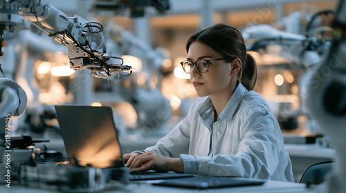 A female engineer works on a laptop in an automated robotics lab, showcasing modern technology and innovation in robotics.