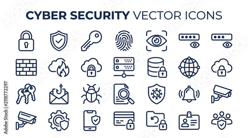 Modern vector line icons representing cyber security, data privacy, network protection, and digital safety concepts, perfect for digital interfaces and informational graphics