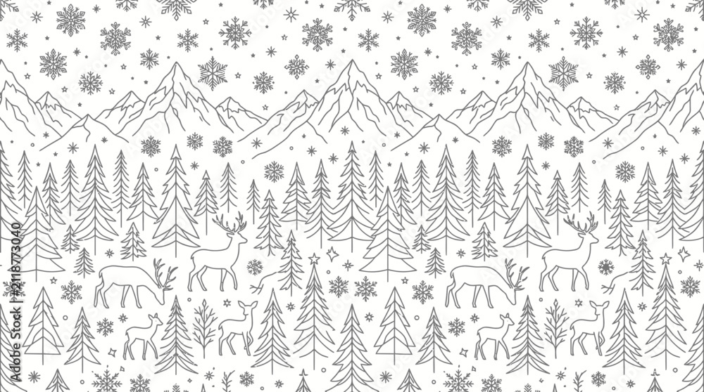 Naklejka premium Winter Forest Landscape with Deer and Snowflakes