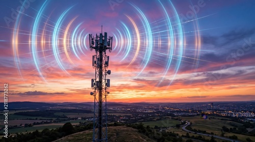 Telecommunication tower with signal waves at sunset, network connectivity, mobile internet concept