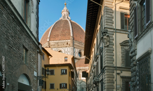 Florence Cathedral, Duomo di Firenze formally the Cathedral of Saint Mary of the Flower, view of Brunelleschi's dome from the street, Gothic architecture from the 15th century. ,