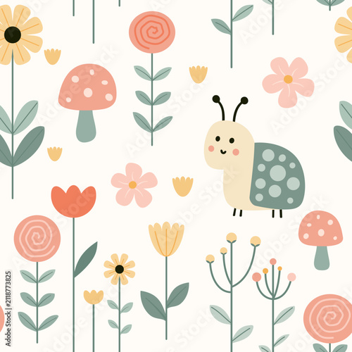 Cute Scandinavian Ladybug and Mushroom Seamless Vector Pattern with Spring Flowers