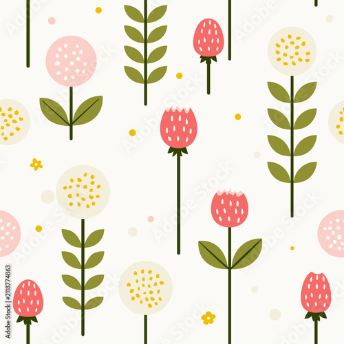 Scandinavian Strawberry Floral Seamless Vector Pattern with Nordic Botanical Flowers
