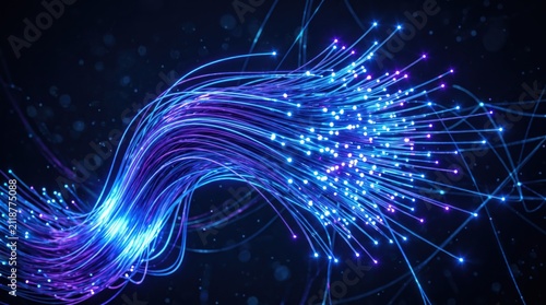 Abstract fiber optic light stream flowing in dark, representing high-speed internet data transmission and global network connectivity for telecommunications and digital