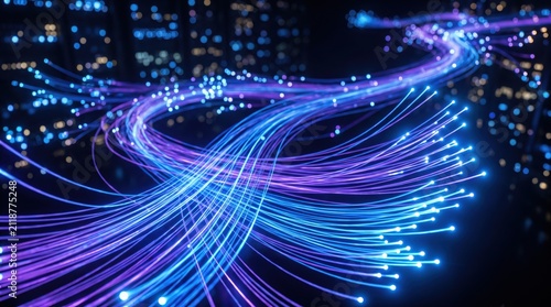 Abstract glowing fiber optic cables transmitting data streams in vibrant blue and purple hues against dark, symbolizing high-speed internet, telecommunications backbone