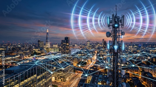 Futuristic 5G network tower emitting wireless signals over illuminated city skyline at dusk, representing smart city infrastructure, IoT connectivity, telecommunications innovation