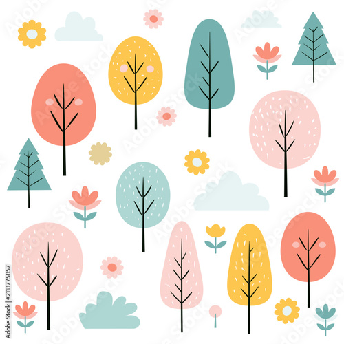 Scandinavian Forest Trees Seamless Vector Pattern with Nordic Spring Botanical Design
