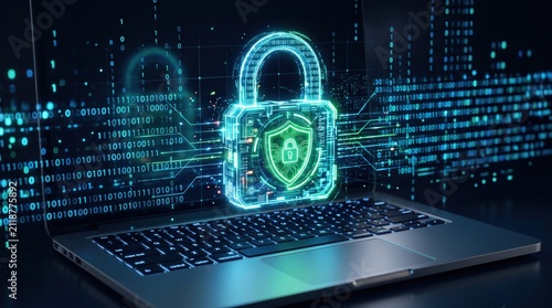 Cyber security featuring a glowing digital padlock and shield icon hovering over a laptop keyboard, binary code, data protection, encryption, privacy, antivirus, firewall