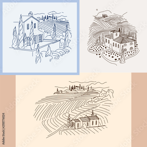 A set of postcards featuring landscapes of Italian villages and vineyards, created in a linear style.