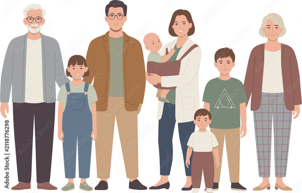 Obraz premium Happy extended family portrait vector illustration, cute cartoon generations standing together with grandparents and kids