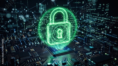Glowing green digital padlock icon hovering over electronic circuit board representing cybersecurity data protection encryption firewall authentication privacy safety