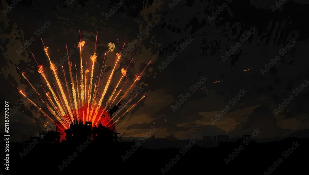 Obraz premium Missile armaments ignited against a dark backdrop, theme of conflict and mortality. Global conflict three. Atomic warfare and explosives.